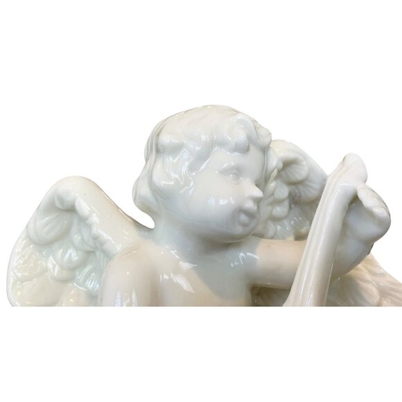 VTG Porcelain White Cherub Angel 24K Gold Sash Playing Harp Sculpture/ Figurine - Picture 7 of 14